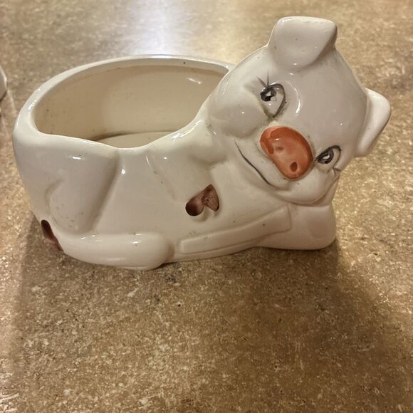 None Other - Vintage PIG Ceramic Planter White Pink Farmhouse CottageCore Sponge Holder Soap